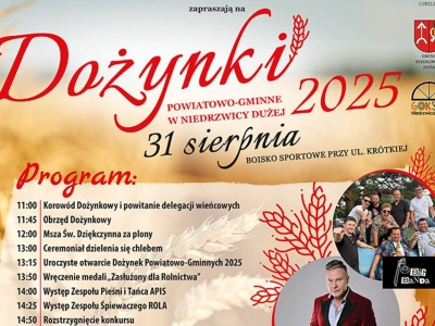 Dożynki Powiatu Lubelskiego 2025 w Niedrzwicy Dużej. Wystąpią: Budka Suflera i Jorrgus