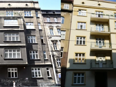 Prawie stuletnia kamienica w centrum Katowic była czarna od brudu. Po remoncie wygląda jak nowa