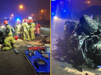 Czterech nastolatków w szpitalu po dachowaniu. Auto w strzępach