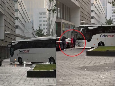 Kierowca aż wysiadł. Sceny przed hotelem Polaków w Holandii