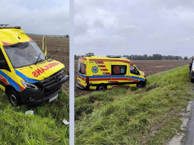 Groźny wypadek pod Oławą. Ambulans wypadł z drogi i dachował
