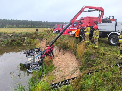 Tragedia w powiecie wieluńskim. Drobnice: samochód w stawie, nie żyje dwóch mężczyzn