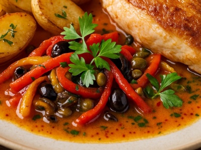 ​Kukurydziany kurczak w sosie paprykowo-winnym – z ziemniakami La Ratte podany. Autorska receptura Mateusza Gesslera