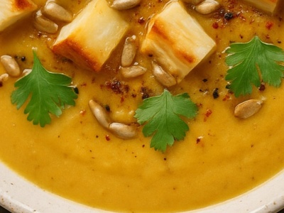 Krem z żółtej papryki i soczewicy, uzupełniony... wędzonym twarogiem – autorska interpretacja Mateusza Gesslera