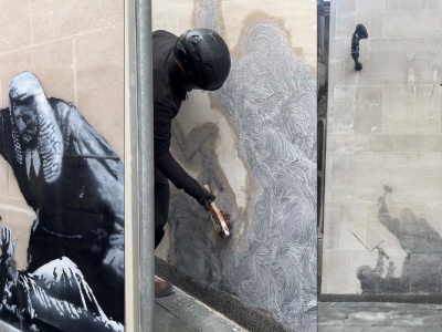 UK: mural Banksy'ego o tłumieniu prawa do protestu został zasłonięty a następnie zamalowany przez władze 