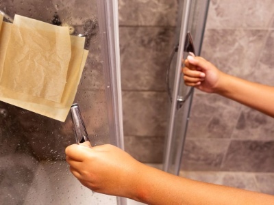 Prosta sztuczka z papierem do pieczenia. Dzięki niej kamień z kabiny prysznicowej zniknie w kilka sekund