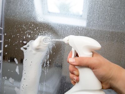 Zamieszaj i spryskaj ścianki. Kamień z kabiny prysznicowej zejdzie razem z pianą