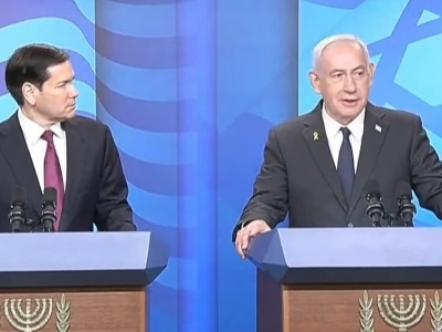 Rubio spotkał się z Netanjahu. W tle płonąca Strefa Gazy