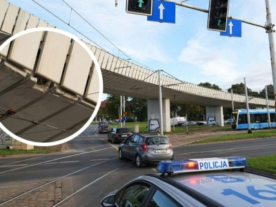 Z estakady na pl. Społecznym odpadły fragmenty betonu. Zamknięty pas jezdni.