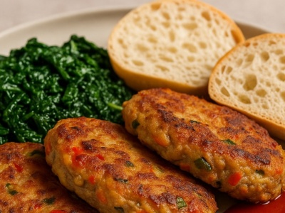 ​Kotlety wieprzowo-ziemniaczane – ze szpinakiem i ciabattą podane. Propozycja Jurka Sobieniaka