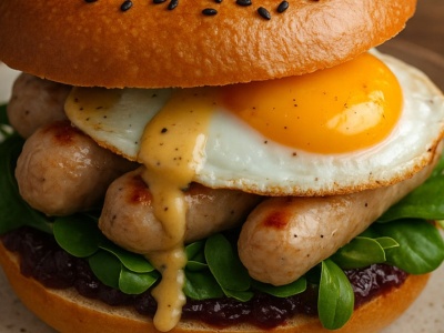 (Niekoniecznie śniadaniowe) bajgle na bogato – z kiełbaskami, jajkami i konfiturą z czerwonej cebuli