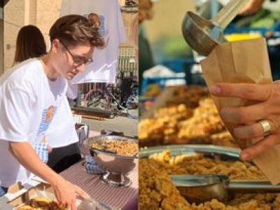 Po te drożdżówki Rozkosznego ustawiła się długa kolejka. Dodatek sypał chochlą do torby