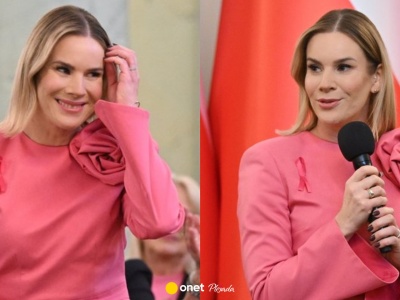 Marta Nawrocka na spotkaniu z Amazonkami postawiła na róż. 