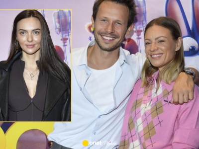 Marcela Leszczak jak kobieta-kot, obok wtuleni Magdalena Boczarska i Mateusz Banasiuk