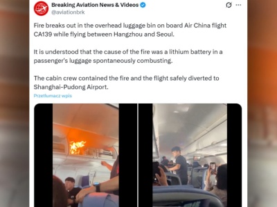 Wstrząsające sceny na pokładzie samolotu Air China. W schowku na bagaż podręczny pojawił się ogień