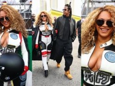 Beyonce w rozpiętym kombinezonie świeci dekoltem na Grand Prix F1 w Las Vegas (ZDJĘCIA)