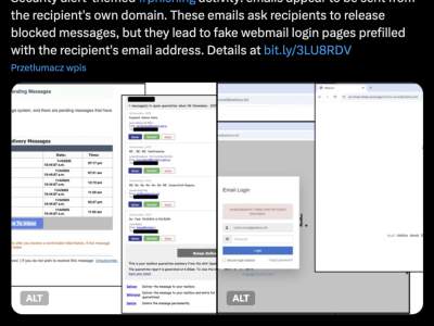 E-maile phishingowe podszywające się pod alerty filtrów antyspamowych kradną dane logowania