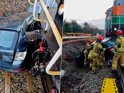 Pociąg uderzył w skodę na przejeździe kolejowym. Auto nabiło się na zderzak