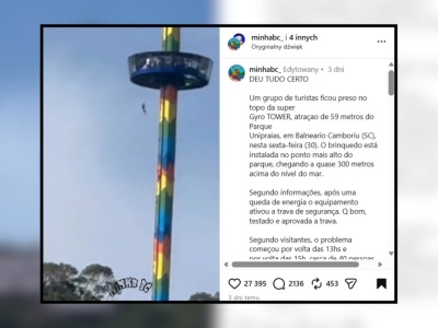 Wieża widokowa stanęła. Turyści zawiśli na kilkudziesięciu metrach. Spuszczano ich na linach