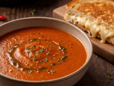 ​Pieczona papryka i karmelizowane pomidory, czyli aksamitny krem z serowym tostem