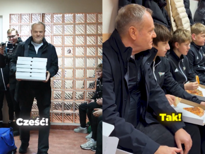 Donald Tusk zjadł pizzę z młodymi piłkarzami. 