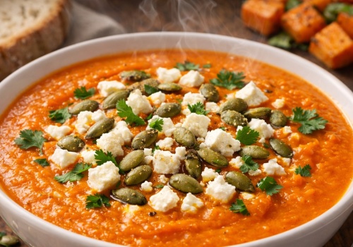 Jedna zupa zamiast dwóch dań. Rozgrzewający krem z pieczonych batatów z fetą i pestkami dyni