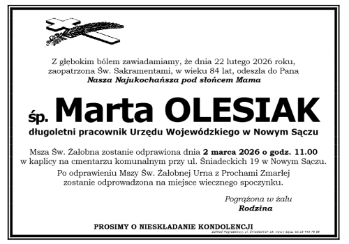 Nie żyje Marta Olesiak. Wieloletni pracownik Urzędu Wojewódzkiego w Nowym Sączu