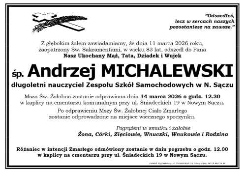 Nie żyje Andrzej Michalewski, wieloletni nauczyciel sądeckiej „Samochodówki”