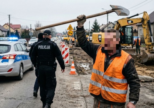 Niezdara: pijani pracownicy na drodze. Kierowanie ruchem łopatą i ucieczka przed policją