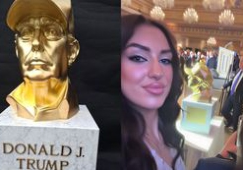 Caroline Derpienski sprezentowała Donaldowi Trumpowi... jego złote popiersie. 