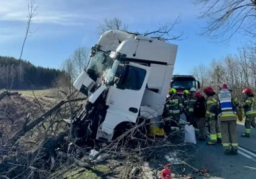 Wypadek na DK58: Ciężarówka uderzyła w drzewo. Droga jest zablokowana