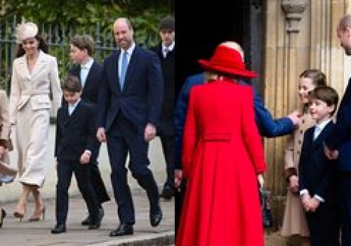 Odziana w beżowy komplet Kate Middleton mknie w asyście Williama i POCIECH na nabożeństwo wielkanocne. Dzieci rosną jak na drożdżach? (ZDJĘCIA)