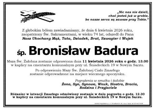 Nie żyje Bronisław Badura. Uroczystości pogrzebowe w Nowym Sączu