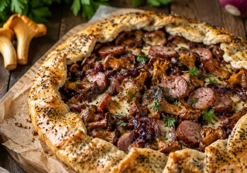 Grzyby, kiełbasa i słodka cebula. Ta rustykalna tarta to wakacyjny hit