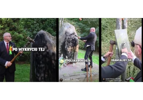 Antyukraińska prowokacja. Grzegorz Braun zniszczył pomnik żołnierzy UPA i się tym chwali
