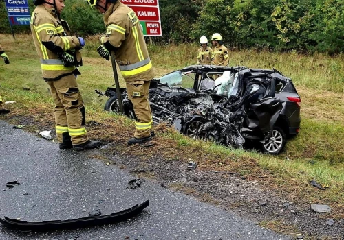 Ciężarówka z drewnem zderzyła się z Fordem, kierowcy nie udało się uratować. Droga jest zablokowana