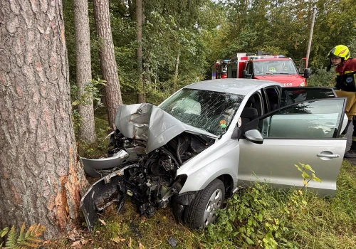 Podróż zakończyła się na drzewie. Młoda kierująca VW Polo przewieziona do szpitala