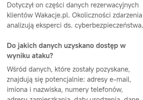 Wyciek z serwisu wakacje PL. Wyciekły w szczególności dane paszportowe