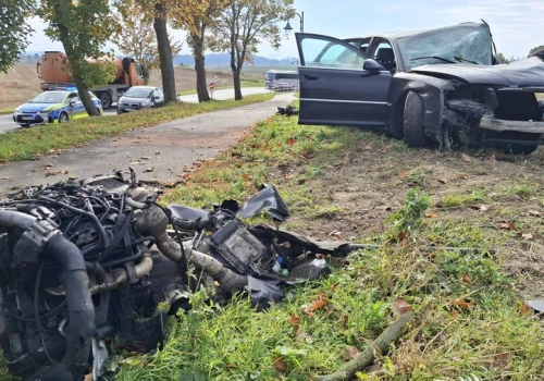 Dramatyczne zderzenie Audi z drzewem. Silnik wypadł z auta, 18-latek trafił do szpitala
