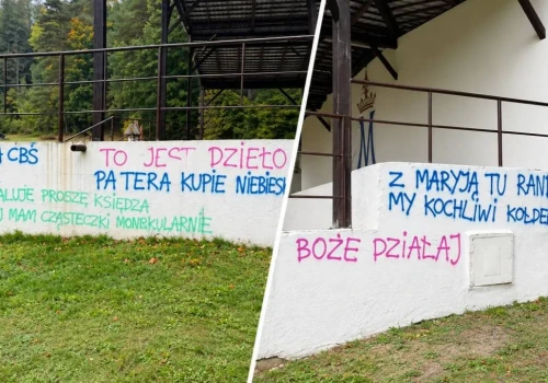 Zdewastowano ołtarz polowy w Gietrzwałdzie. Na miejscu pojawiły się bulwersujące napisy