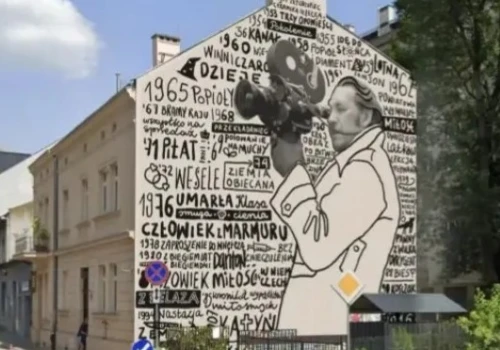 Andrzej Wajda z kamerą na ścianie przy al. Kijowskiej
