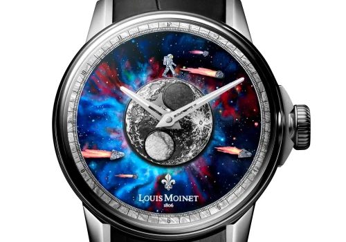 Louis Moinet Moon Meteor. Fragmenty meteorytów i astronauta pokazujący aktualną fazę Księżyca