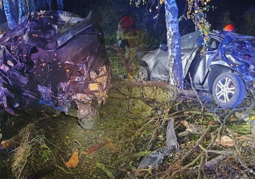 Auto wypadło na łuku z drogi. Kierowca uwięziony w zmiażdżonym wnętrzu