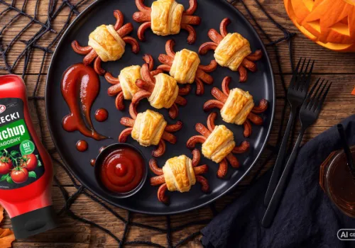 Halloweenowe pająki z parówek i ciasta francuskiego