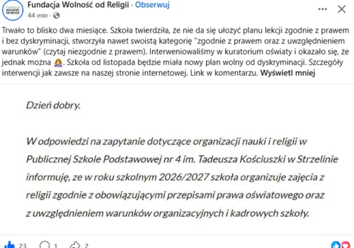 Fundacja Wolność od Religii dopięła swego. Szkoła po dwóch miesiącach zmieni plan lekcji