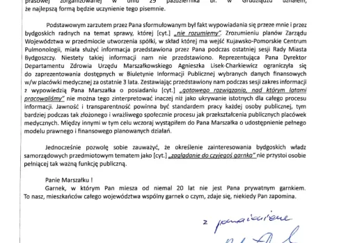 Prezydent Bydgoszczy przypomina marszałkowi, że województwo nie jest jego prywatną własnością