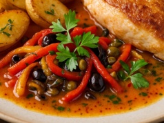 ​Kukurydziany kurczak w sosie paprykowo-winnym – z ziemniakami La Ratte podany. Autorska receptura Mateusza Gesslera