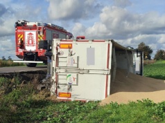 Groźny wypadek pod Dobrem! Tona zboża wylądowała na polu!