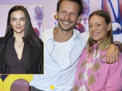 Marcela Leszczak jak kobieta-kot, obok wtuleni Magdalena Boczarska i Mateusz Banasiuk