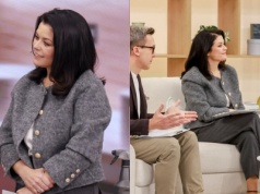 Cichopek w "halo tu polsat" cała na szaro. Uwagę zwracają buty. Boli od samego patrzenia